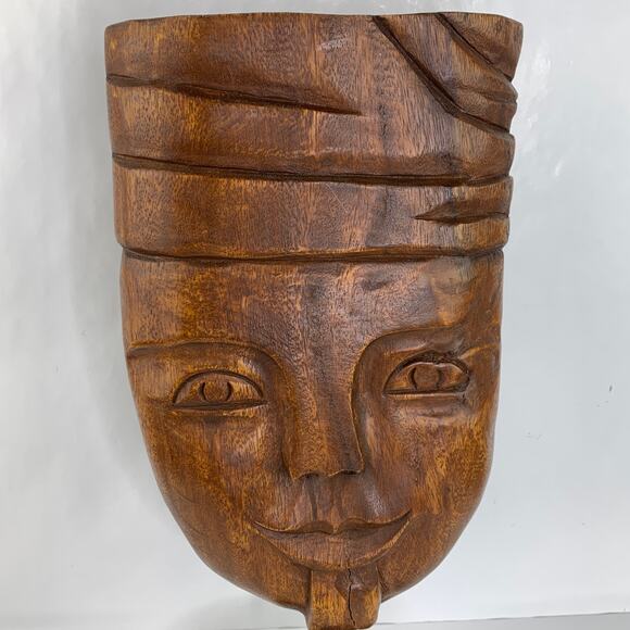 Vintage Wood Carved Turban Head Bust Mask Wood Base - Picture 8 of 9